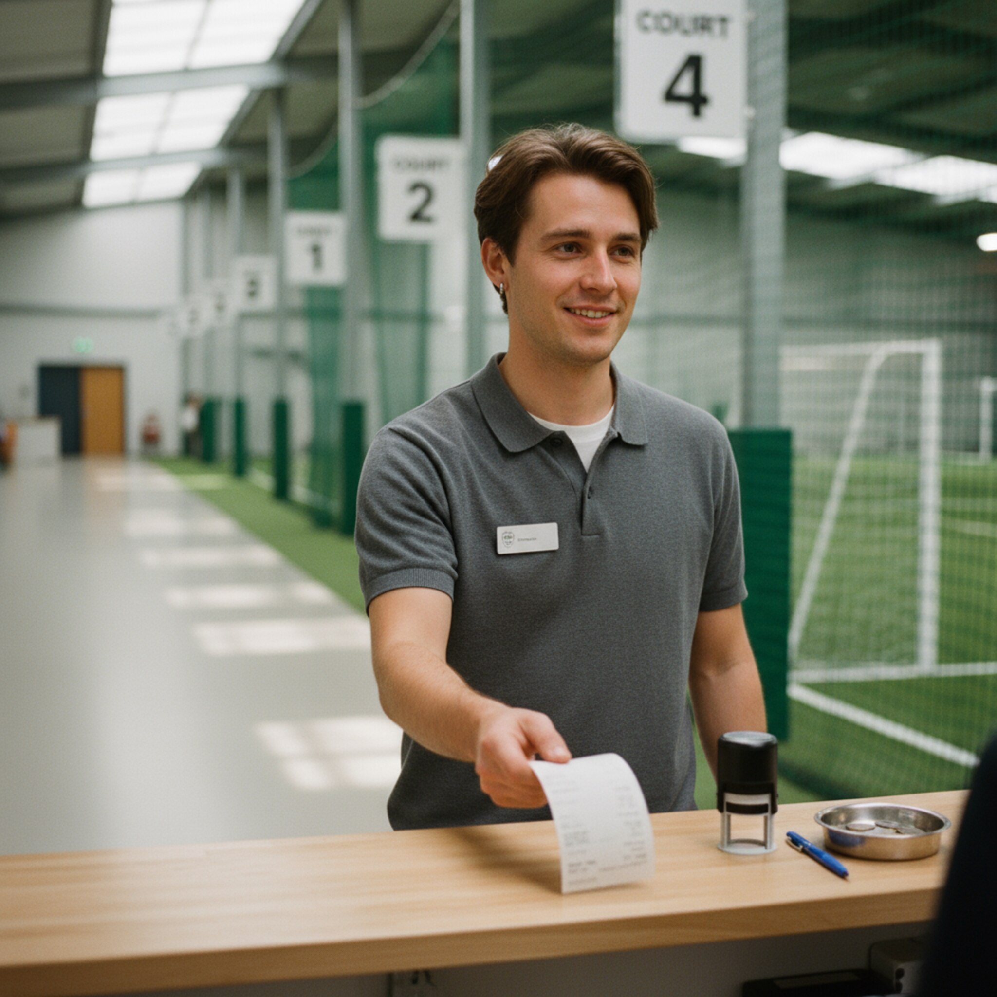 Am Empfangstresen überreicht eine Mitarbeiterin eine sauber geheftete Quittung und lächelt freundlich. Ein kleiner Stempel liegt ordentlich daneben, Münzschale und Kugelschreiber in Reichweite. Im Hintergrund sind nummerierte Court-Schilder zu sehen. Die Szene wirkt professionell, klar und vertrauenswürdig.