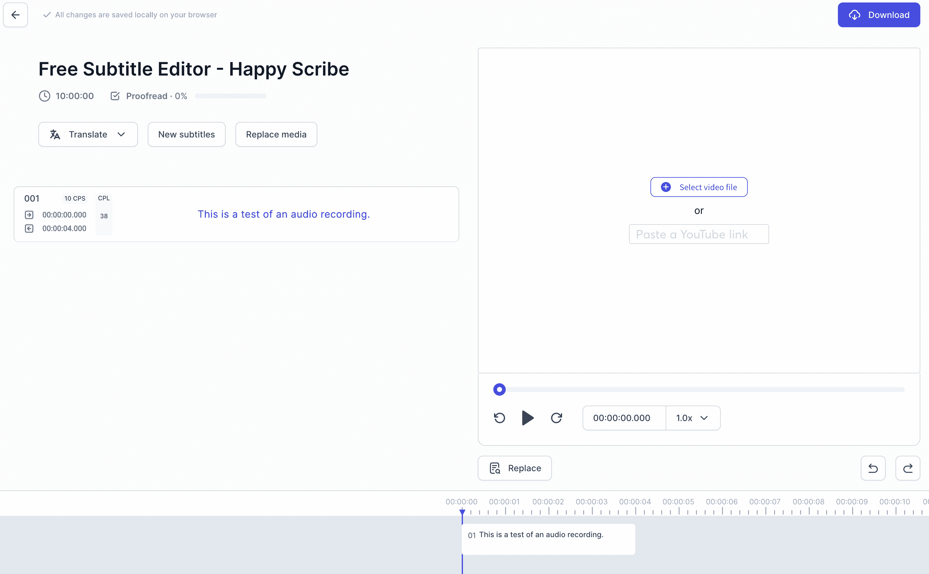 HappyScribe free subtitle editor graphical user interface with subtitle and timeline on the left and an audio player on the right with controls.