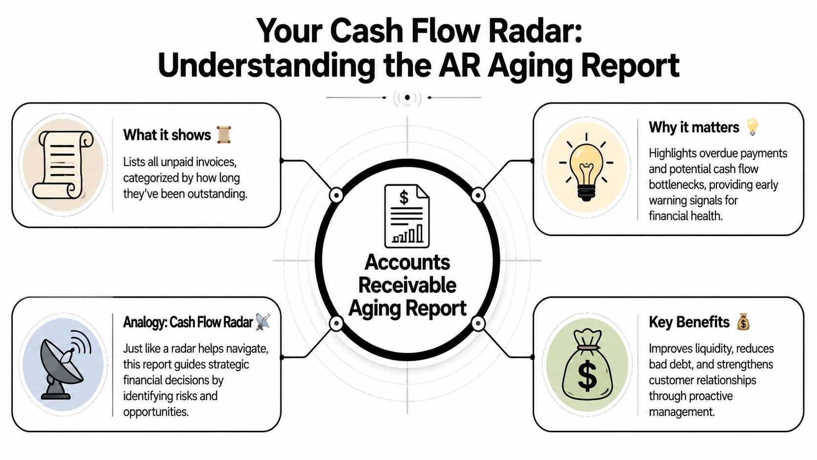 An infographic titled Your Cash Flow Radar explaining the purpose and benefits of an accounts receivable aging report.
