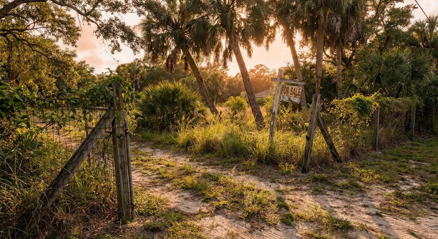Sunlit landscape with palm trees and a "For Sale" sign, RockN' Socials. Digital Marketing Agency.