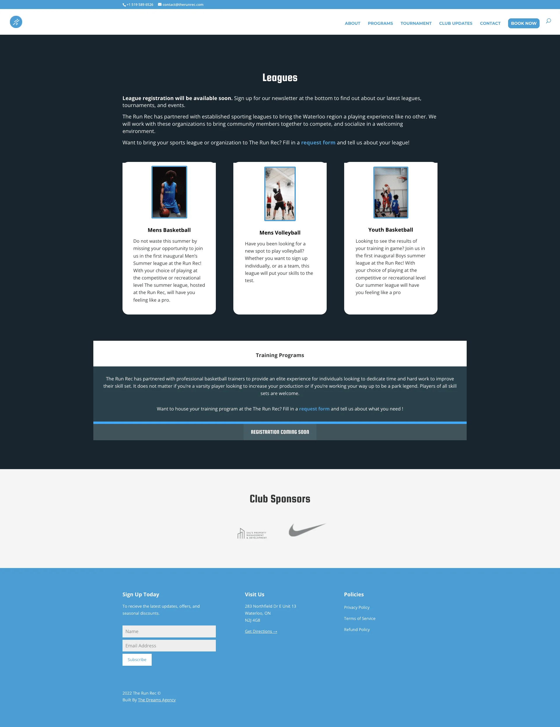 programs page for therunrec website developed & designed by Dreams Agency Mississauga, Ontario