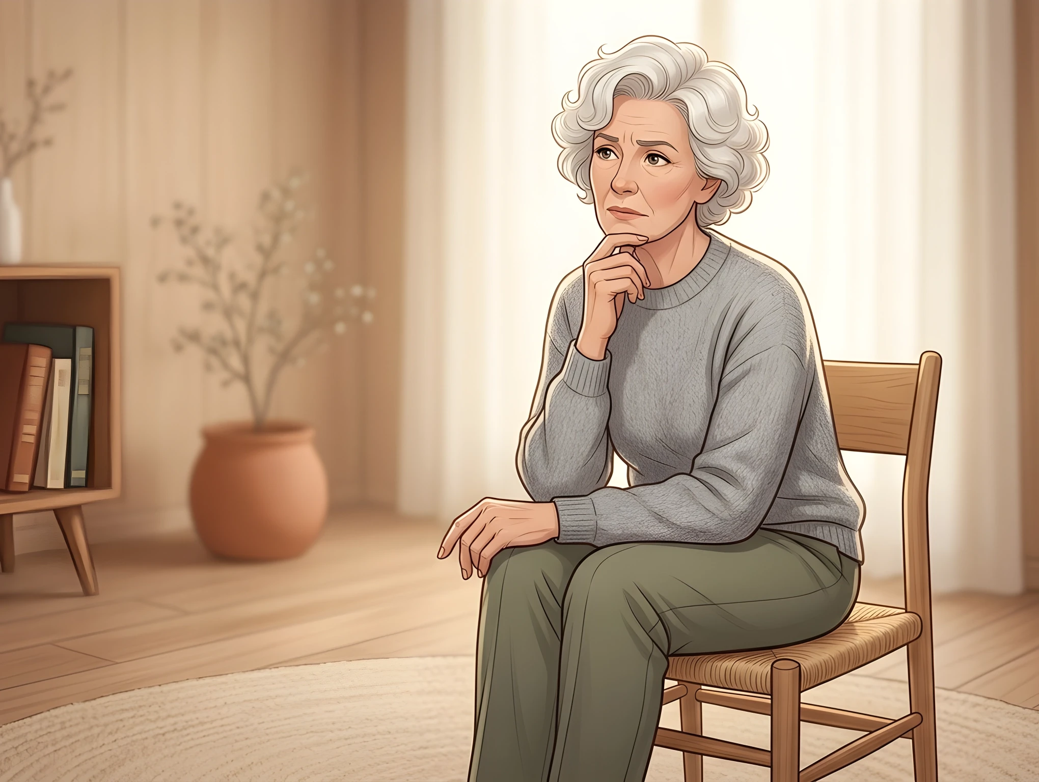 Illustration of a woman sitting thoughtfully in a chair