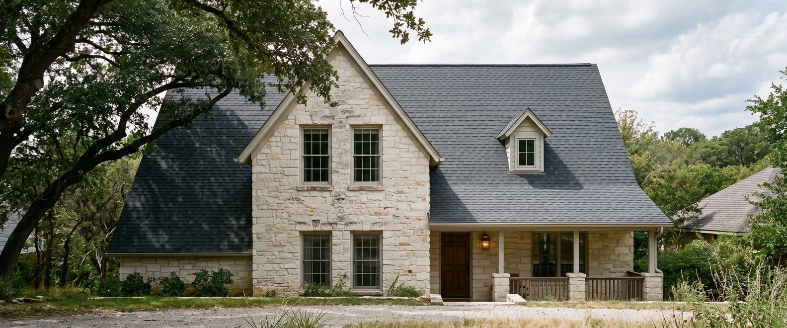 A steep Westlake roof over a limestone house, one slope held in the shade of a heavy live oak canopy