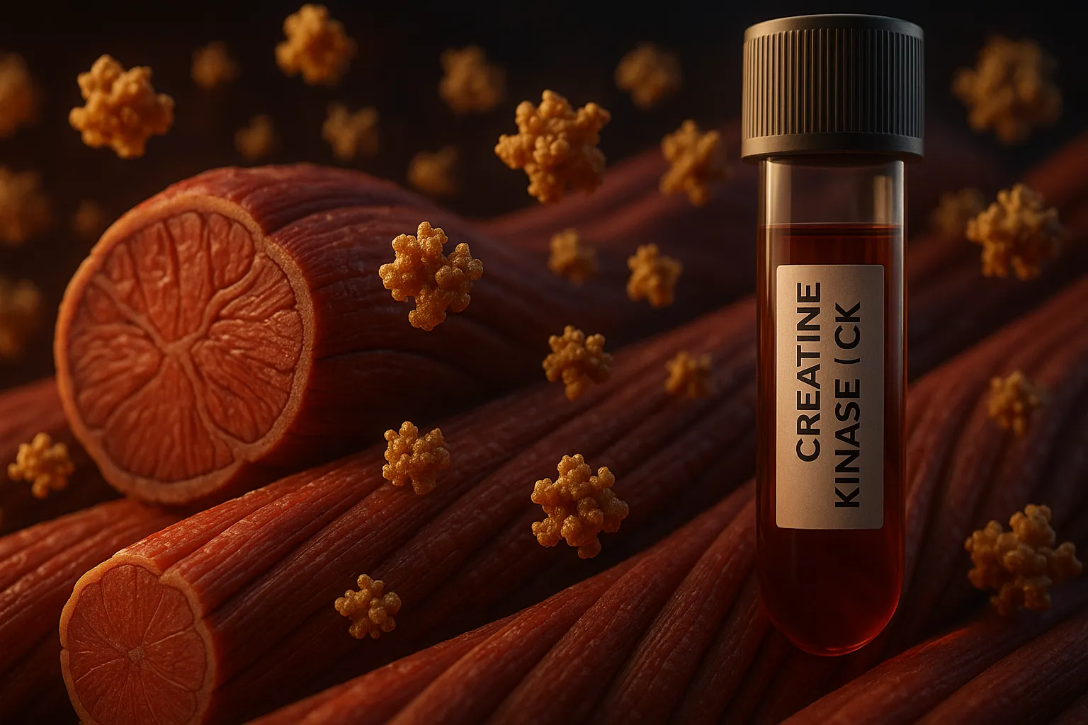 Blood tube labeled creatine kinase (CK) beside detailed muscle fibers with floating enzyme particles.