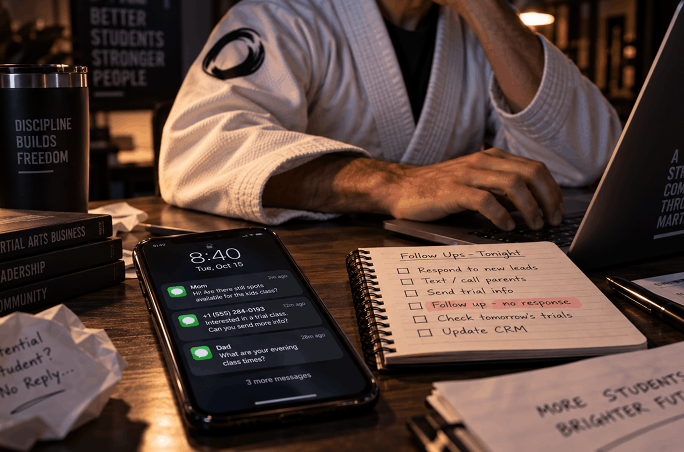 Martial arts instructor reviewing messages and follow-ups