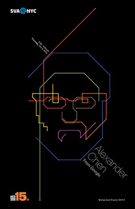 Alexander Chen event poster made from straight lines and angles from green, red, blue, and purple color, forming a human face