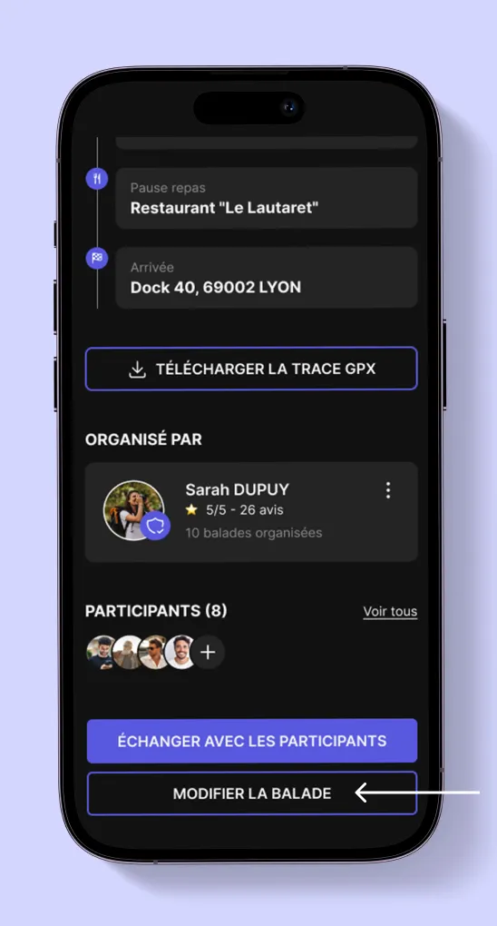 Page de détail d’un trajet On Wheels avec bouton modifier la balade