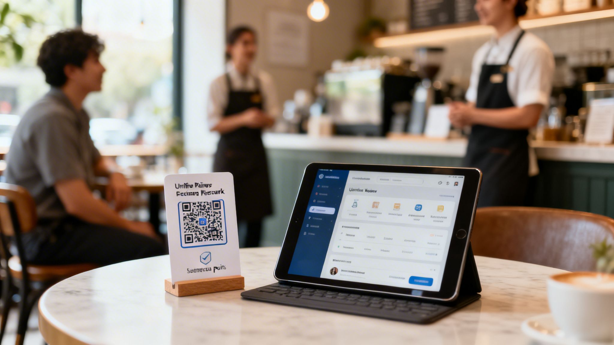 A tablet and QR code stand on a cafe table, showcasing a digital loyalty program for customers.