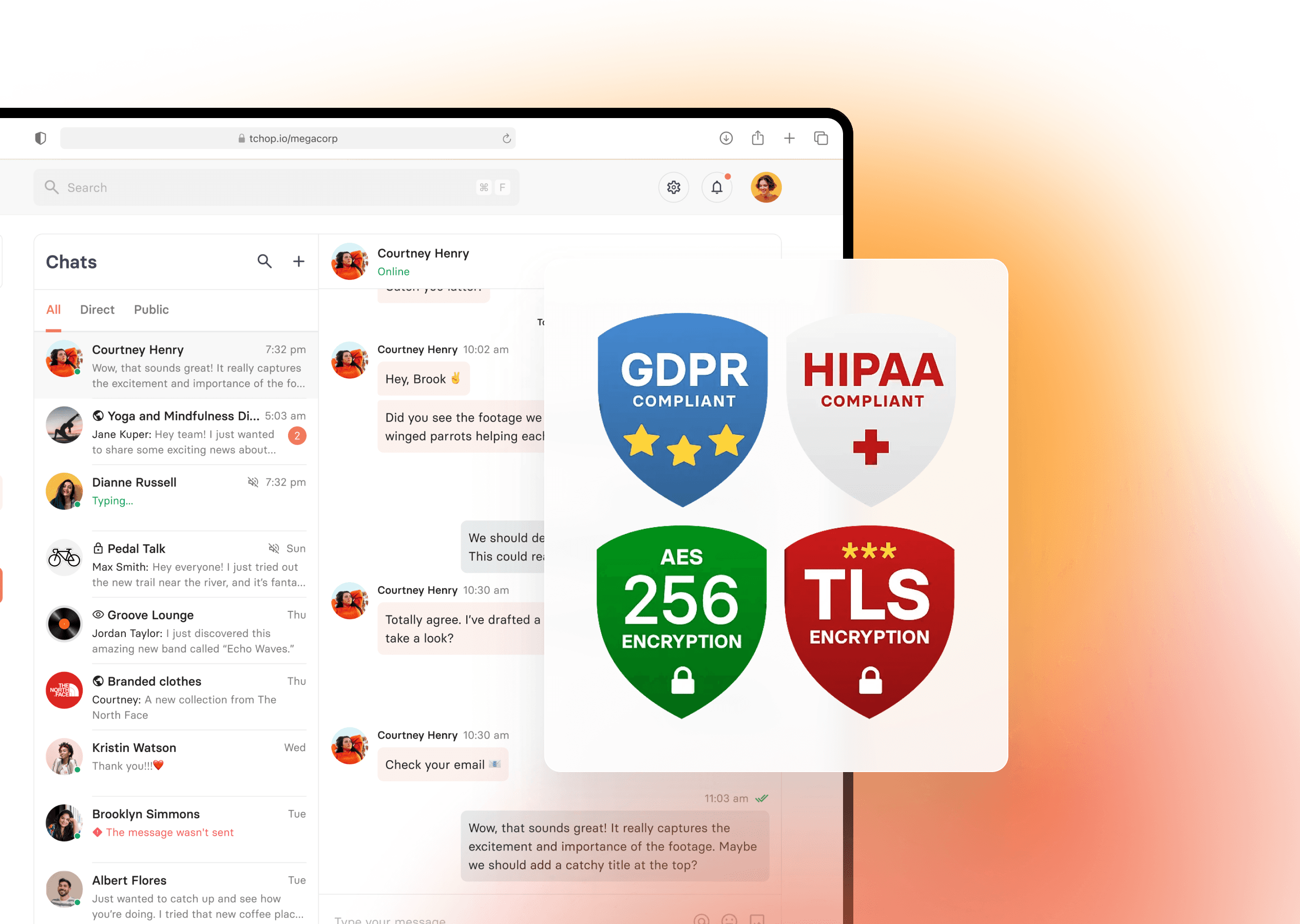 Visuelle Darstellung der Sicherheitsfunktionen von tchop™ Chat, einschließlich AES-256-Verschlüsselung, GDPR- und HIPAA-Konformität, TLS-Verschlüsselung und ISO 27001-Zertifizierung, um vollständige Datensicherheit und -schutz zu gewährleisten.