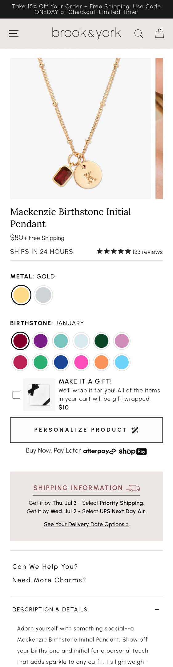 Jewelry product options include: necklace, pendant, birthstone for Mackenzie Birthstone Initial Pendant from Brook & York.