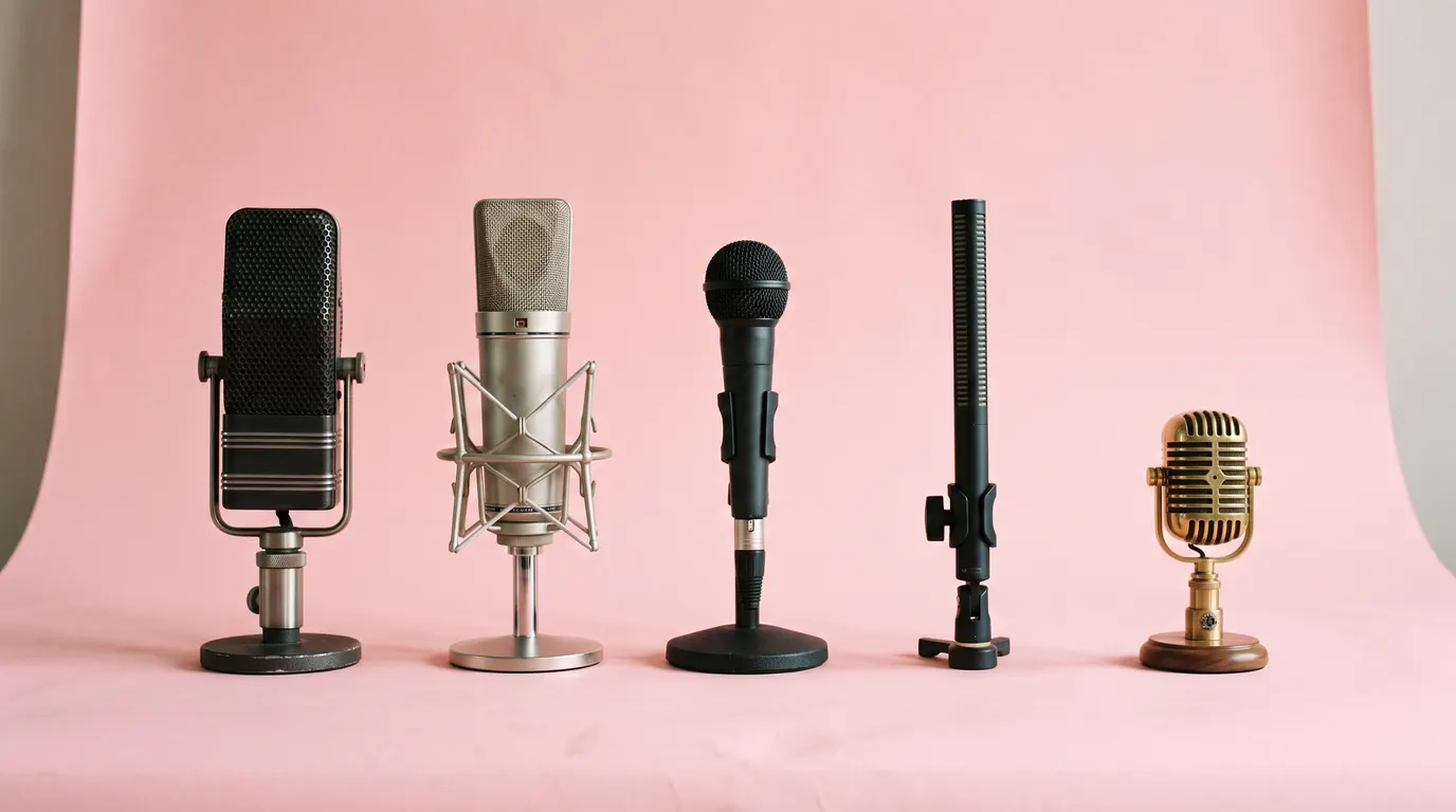 Five different microphones standing in a row on a pink backdrop