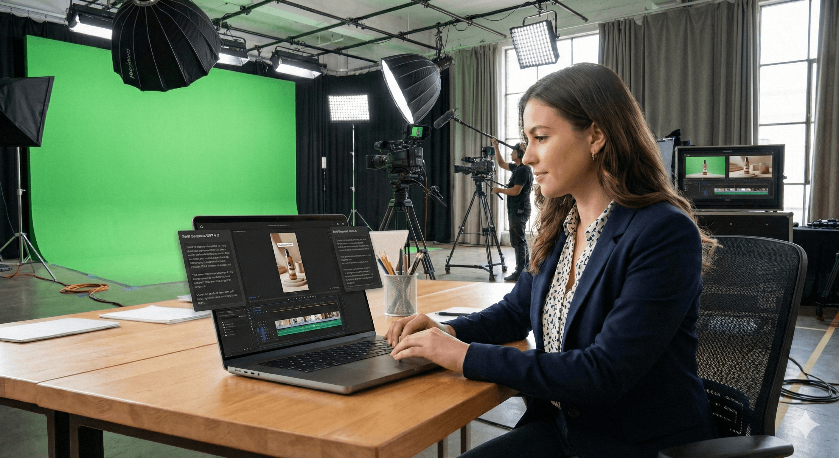 A professional media studio with a green screen setup, multiple cameras, and lighting equipment, where a person is working on a laptop at a wooden table, illustrating the process of transforming ideas into cinematic social videos.