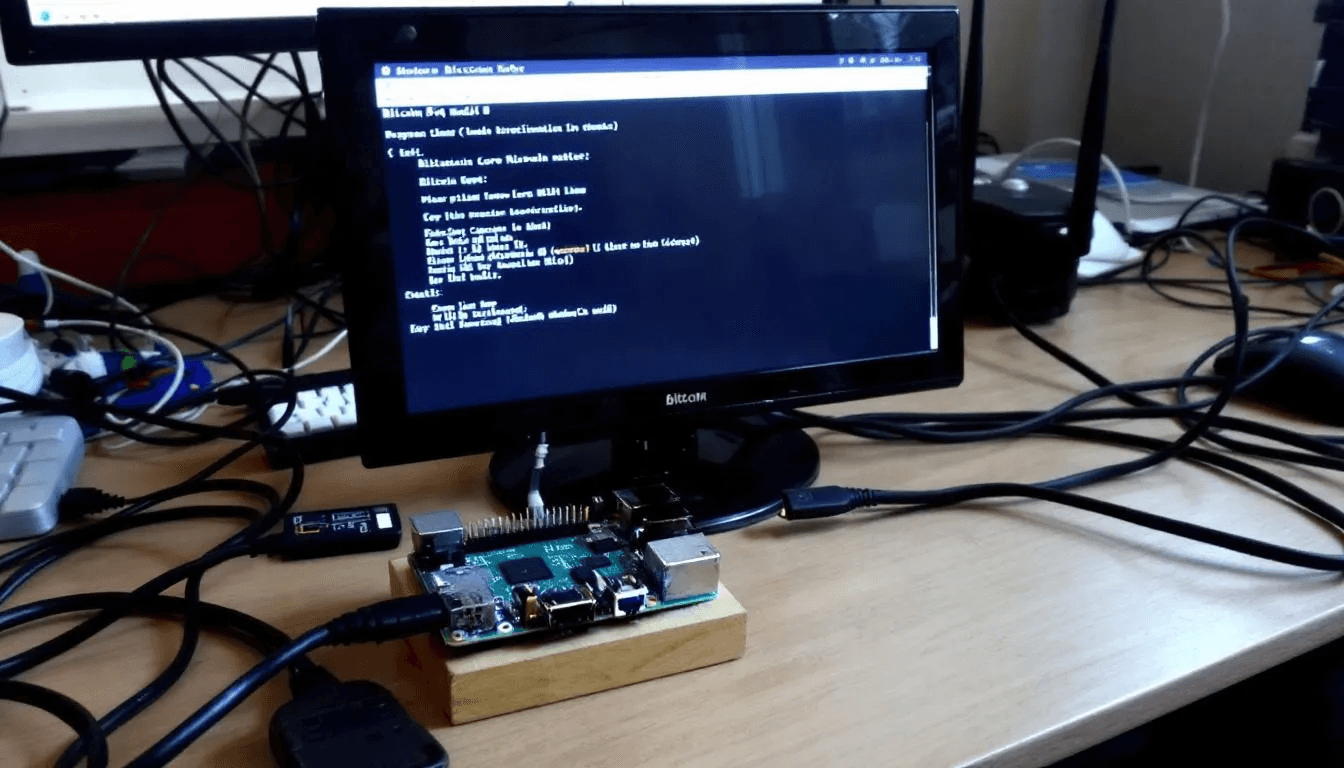 The image depicts a Raspberry Pi computer setup configured as a low-cost bitcoin node, showcasing the hardware typically used to run a full node in the bitcoin network. This setup enables users to independently verify transactions and blocks, contributing to the network's security and decentralization.