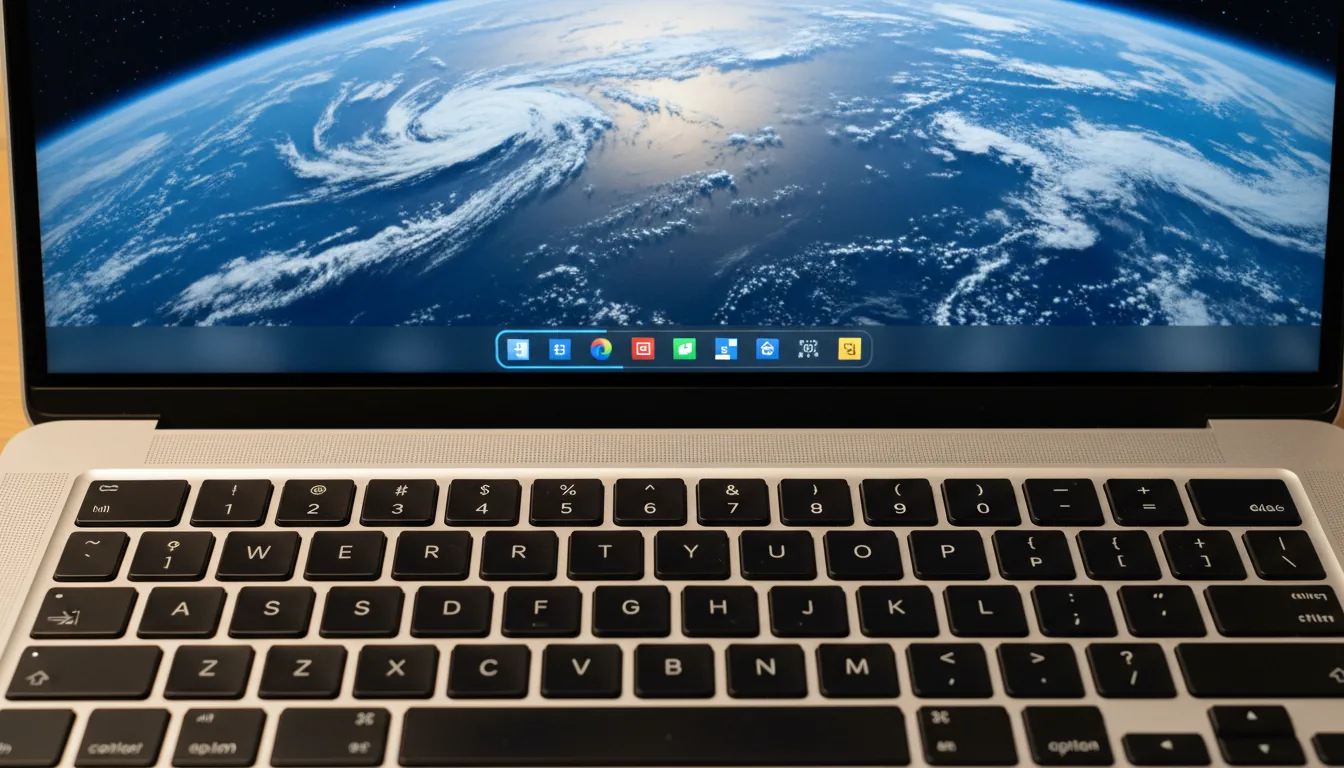 DSLR photography, a close-up, slightly high-angle shot of a silver MacBook Pro keyboard and the lower portion of its screen. The main display shows a Windows taskbar with colorful UI application icons against a desktop wallpaper of Earth from space. The MacBook Pro's Touch Bar is illuminated, perfectly mirroring the icons from the Windows taskbar. Soft, warm ambient indoor lighting. Sharp focus on the keyboard, Touch Bar, and screen, showcasing the texture of the keys and the crispness of the UI elements.