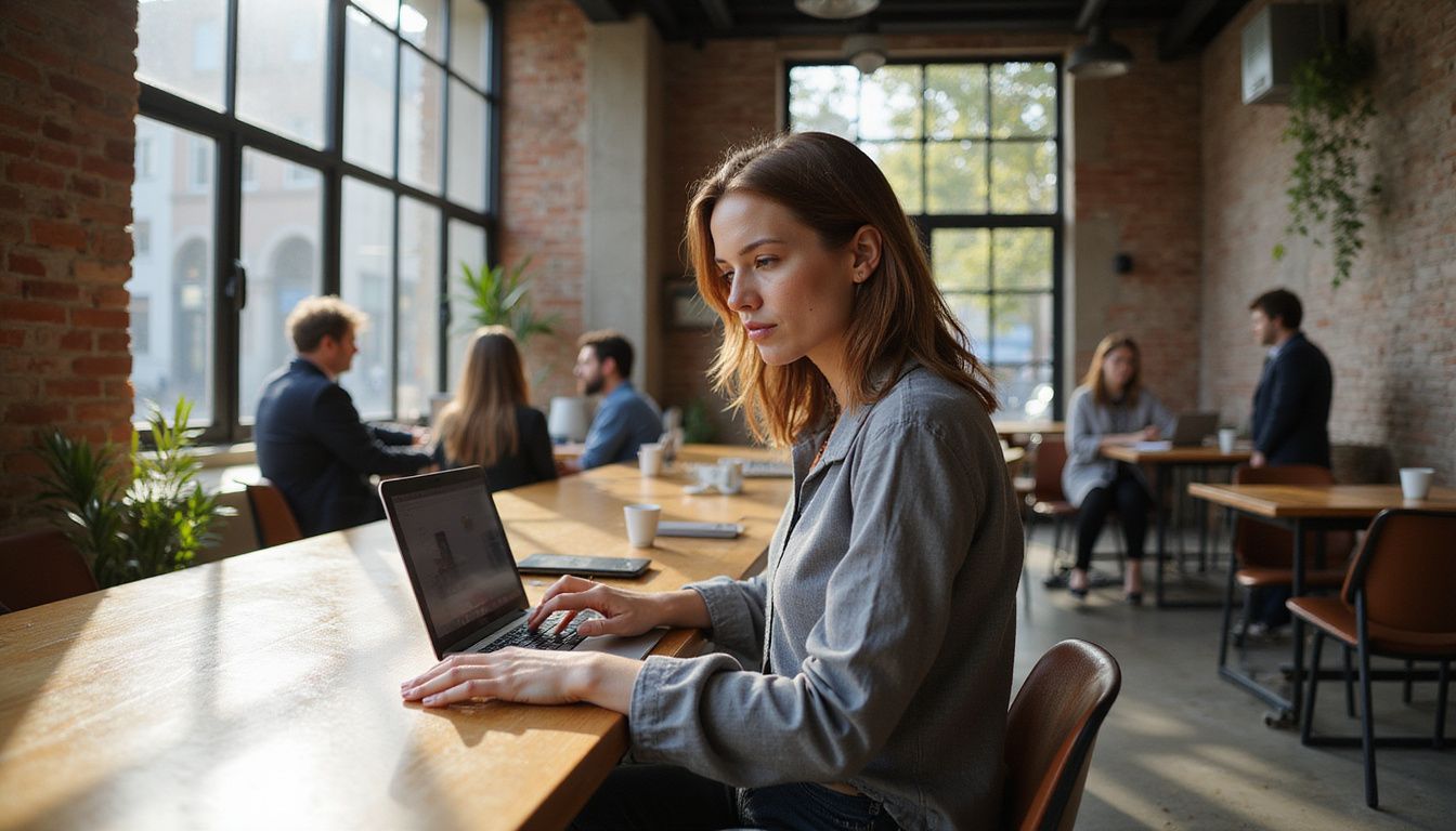 A focused woman types on a laptop in an industrial-chic coworking space.