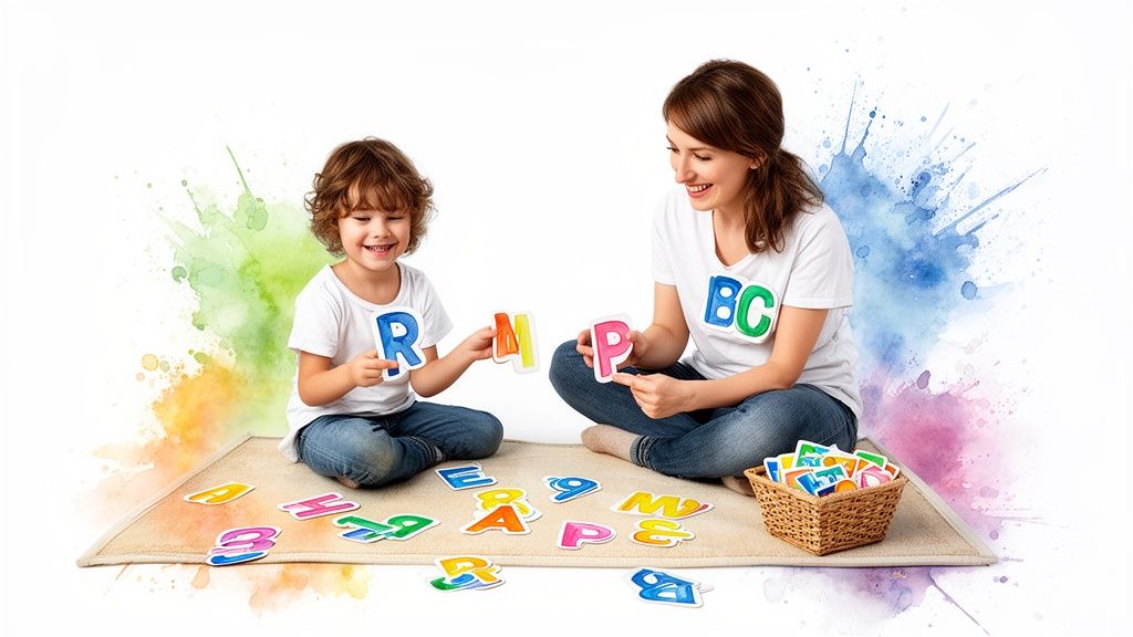 Happy woman and child learning letters with colorful alphabet cards on a rug.