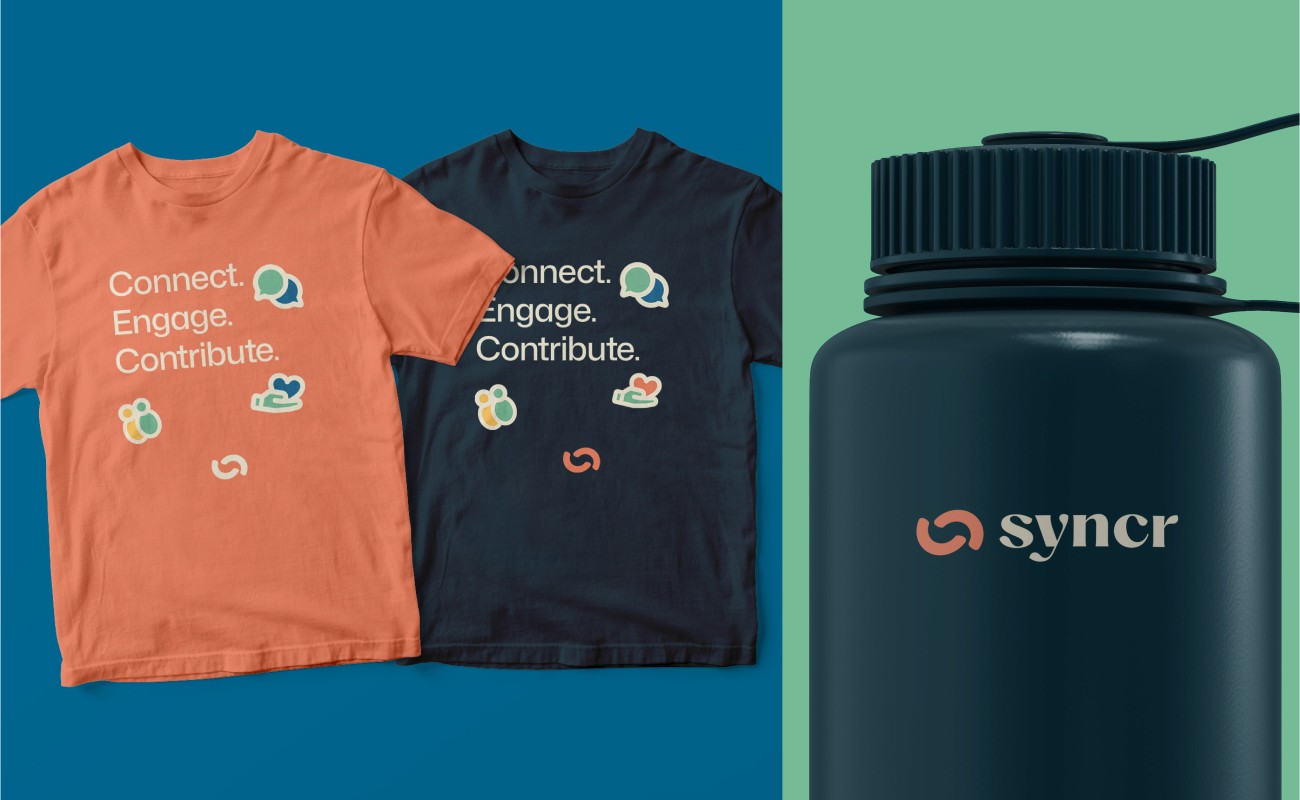 A mockup of two t-shirts and a water bottle featuring community-themed icons and slogans.