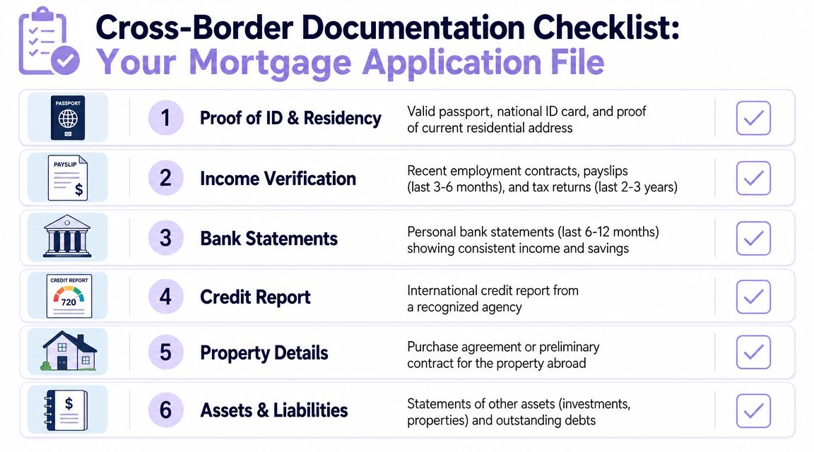 A checklist for cross-border mortgage applications showing six required documents for buying property internationally.