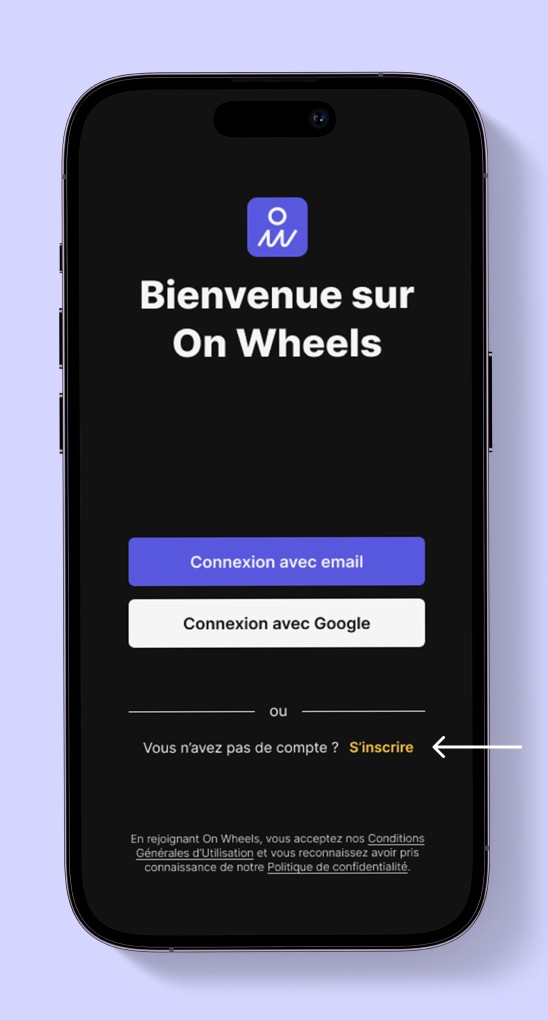 Écran d’accueil de l’application On Wheels avec bouton s’inscrire