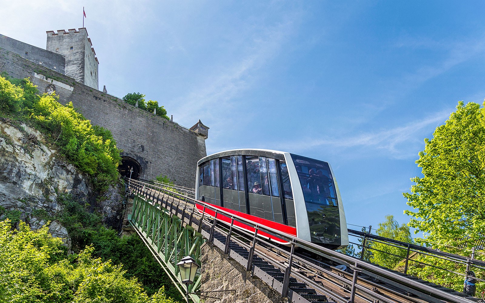 缆车升上霍亨萨尔茨堡城堡,奥地利萨尔茨堡。