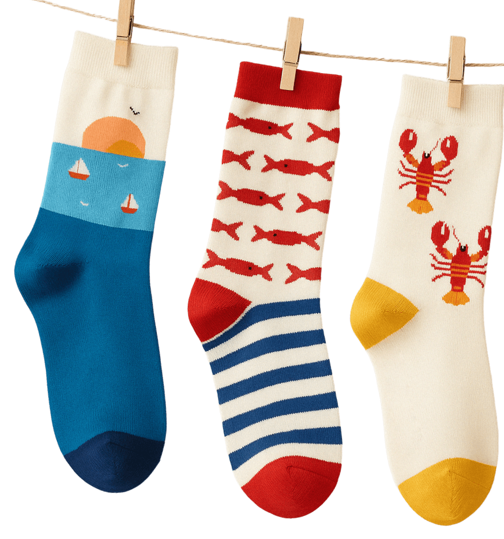 Three colorful socks are hanging on a clothesline with wooden clothespins: one with a sunset and sailboat design, another featuring red fish and blue stripes, and the third showing red lobsters.