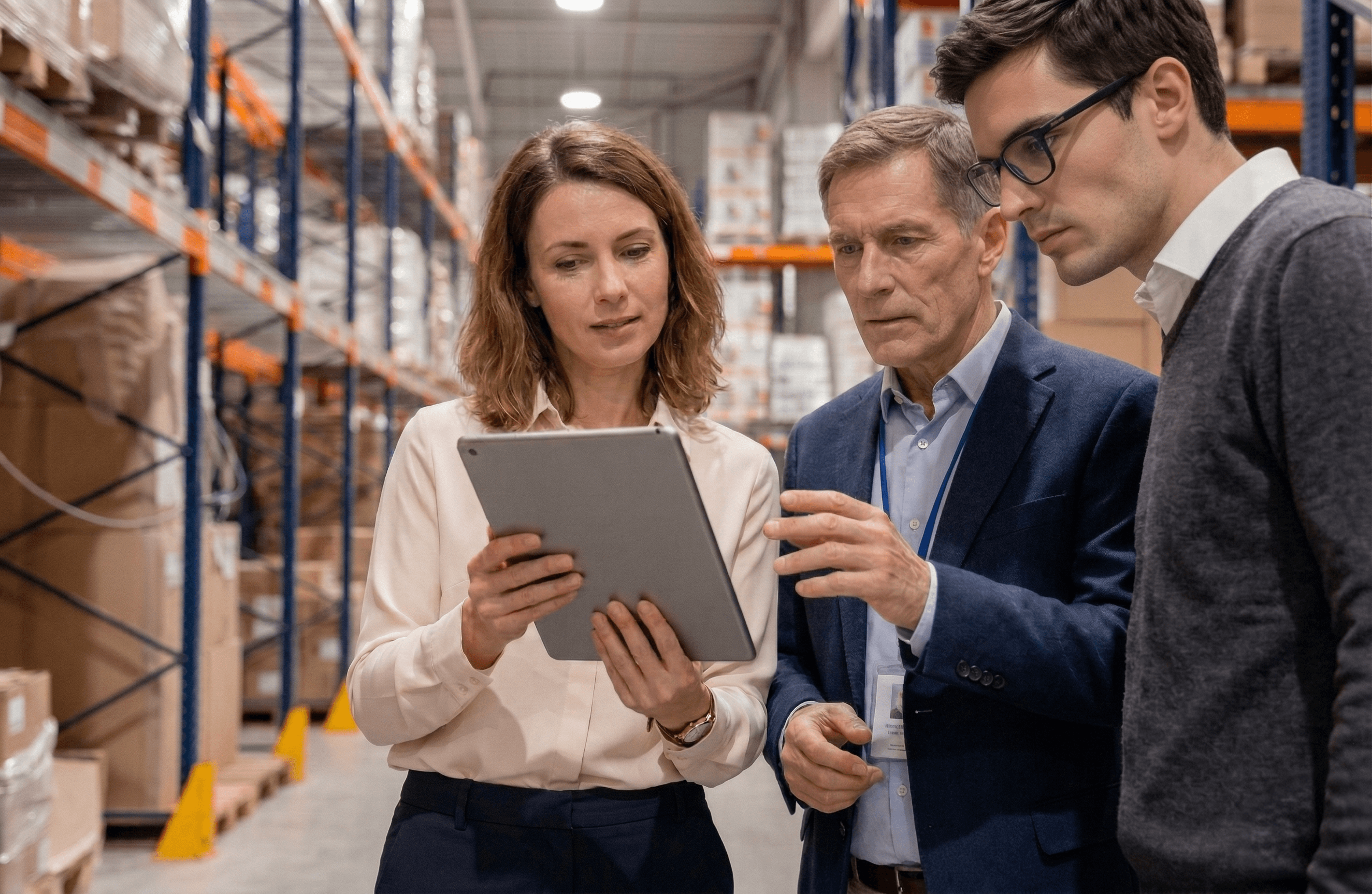 Odpověď Gemini Three professionals review inventory data on a tablet in a logistics warehouse.
