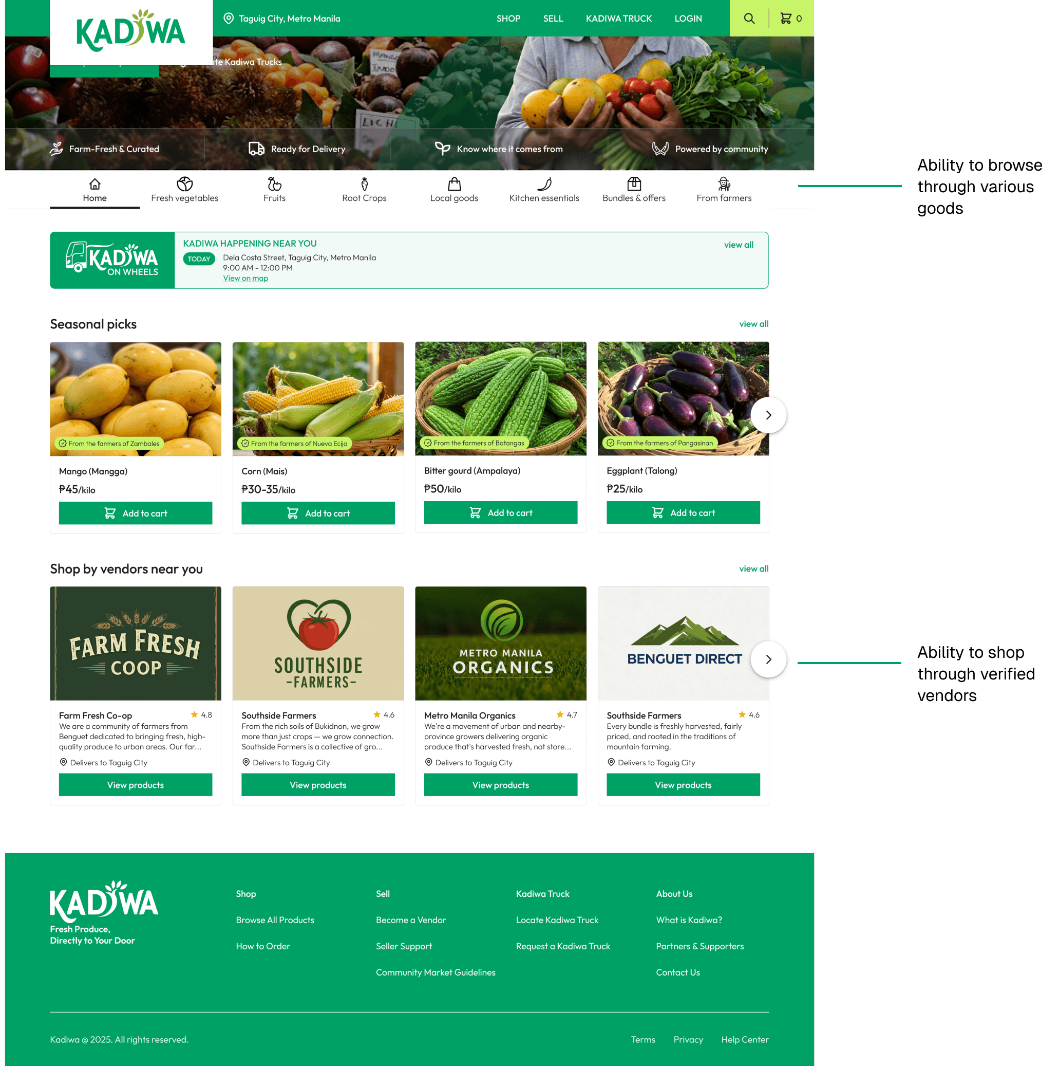 Kadiwa online marketplace homepage displaying seasonal produce and verified vendor sections with annotations highlighting the ability to browse goods and shop through verified vendors.