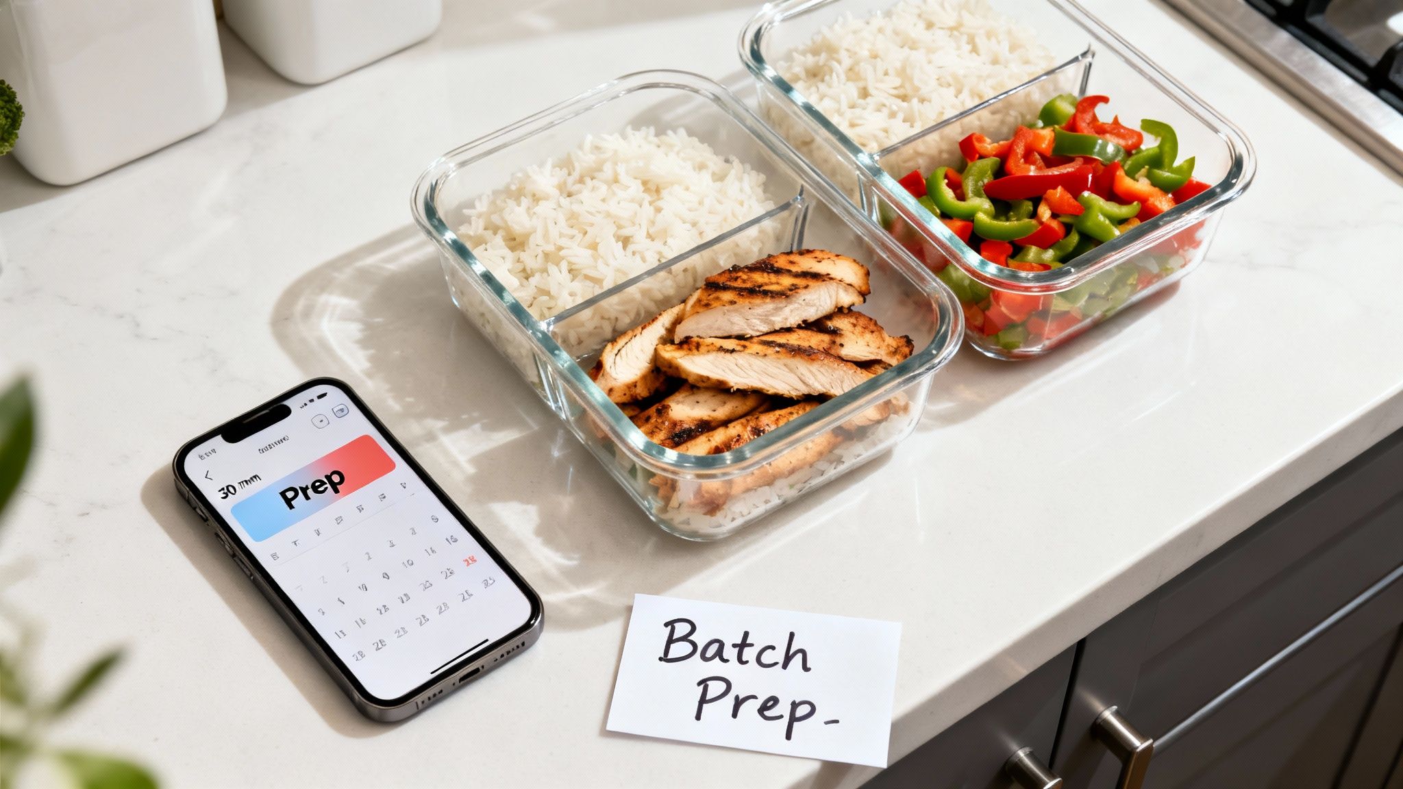 Healthy meal prep with grilled chicken, rice, and colorful peppers, alongside a planning app and 'Batch Prep' note.