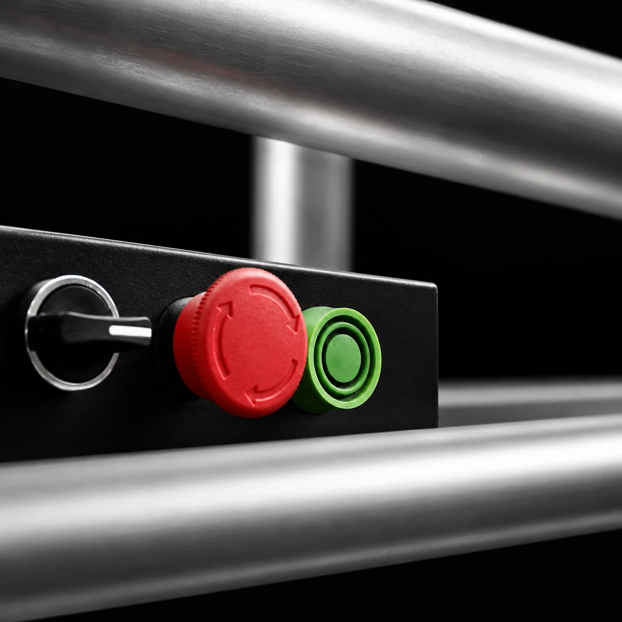 Platform control panel for single mast lift with emergency stop and lift control buttons.