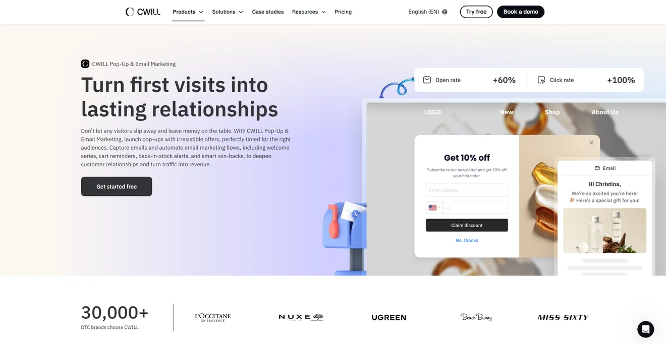CWILL Pop-Up & Email Marketing homepage showing a Shopify discount popup and automated email campaign