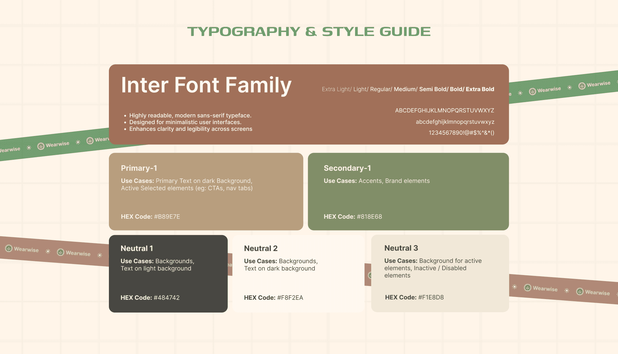 Inter font family and earthy colors used in typography to maintain consistency of eco-friendly feel