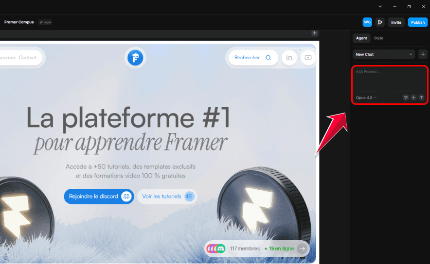 Panneau Agent de Framer 3.0 ouvert dans l'éditeur avec le champ de prompt Ask Framer encadré en rouge