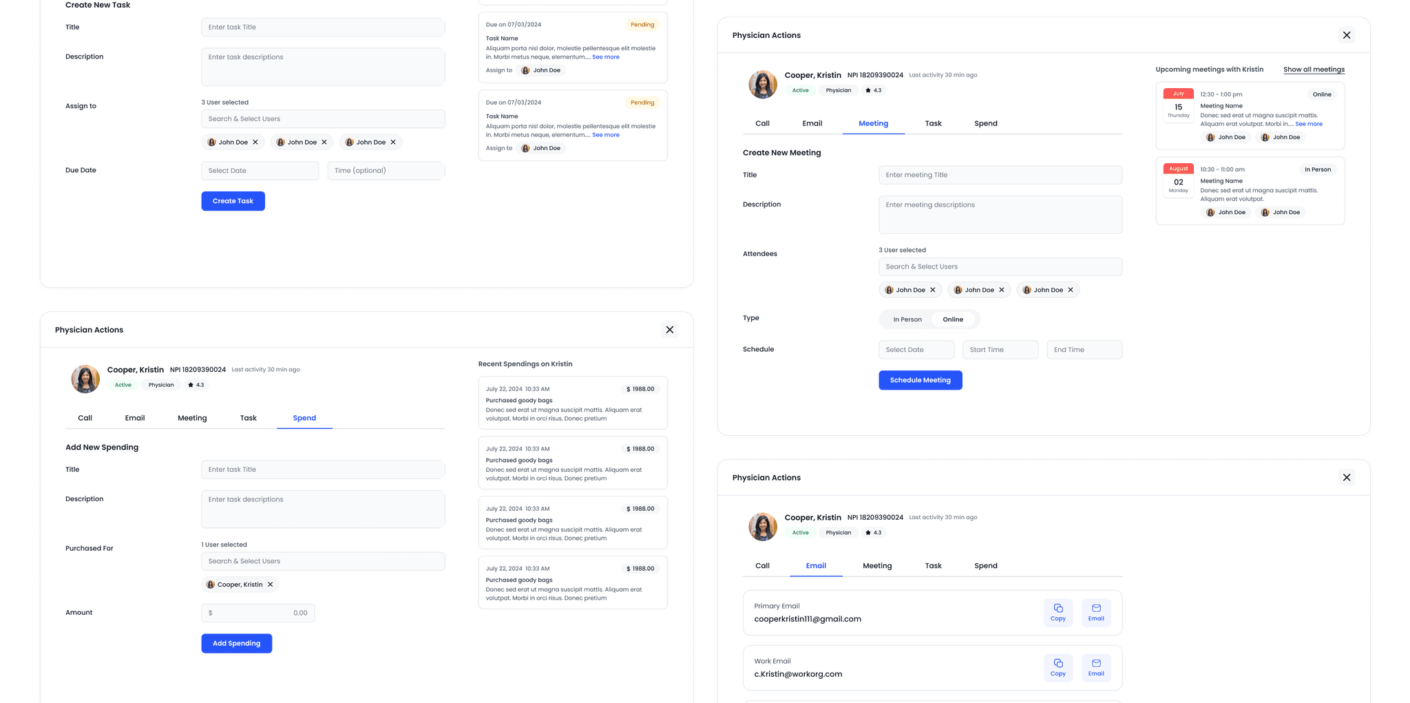 High fedility ui screen showcasing physician activity management (meetings, spendings, tasks, email, phone) module along with annotation of design thinking.