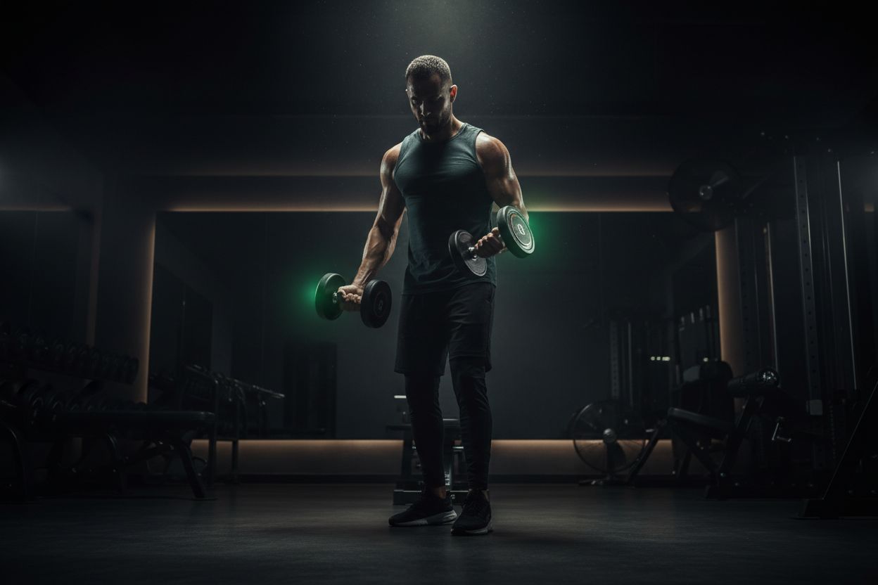 A person training with dumbbells in a home gym