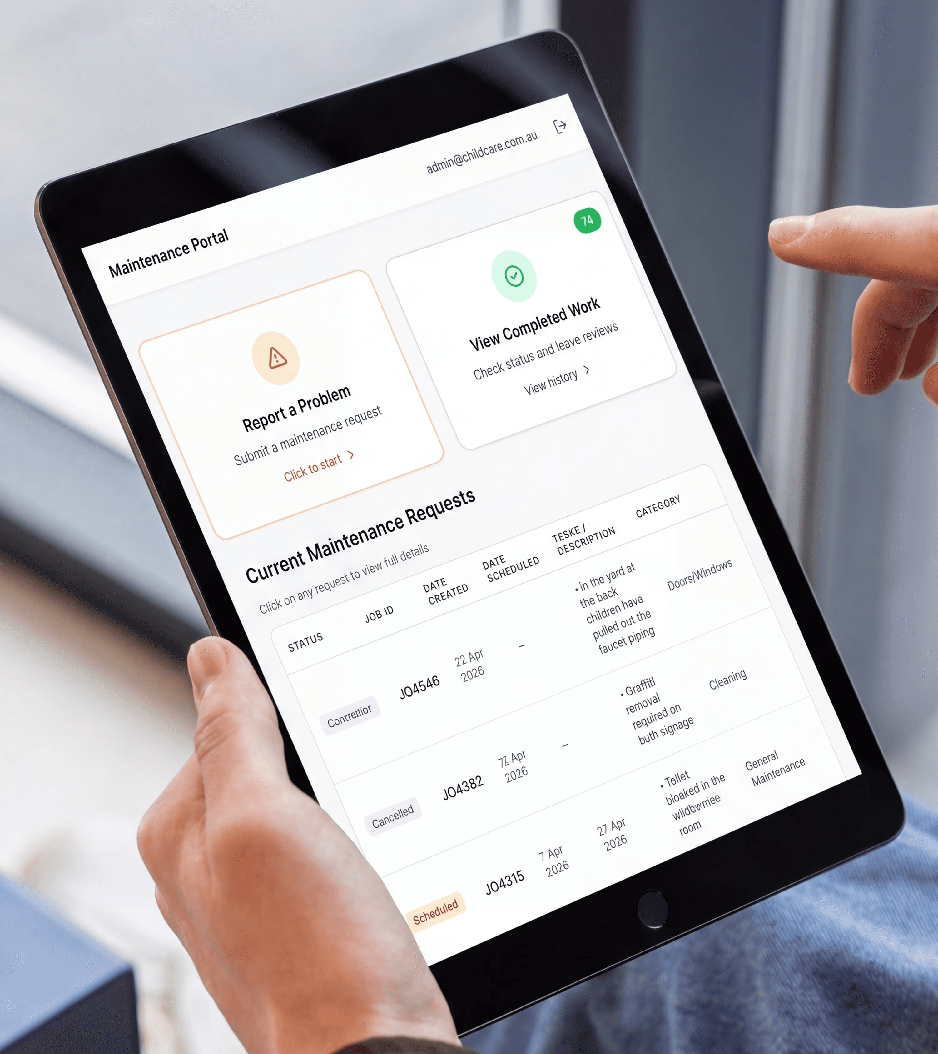 Childcare maintenance portal interface on tablet showing ticket reporting