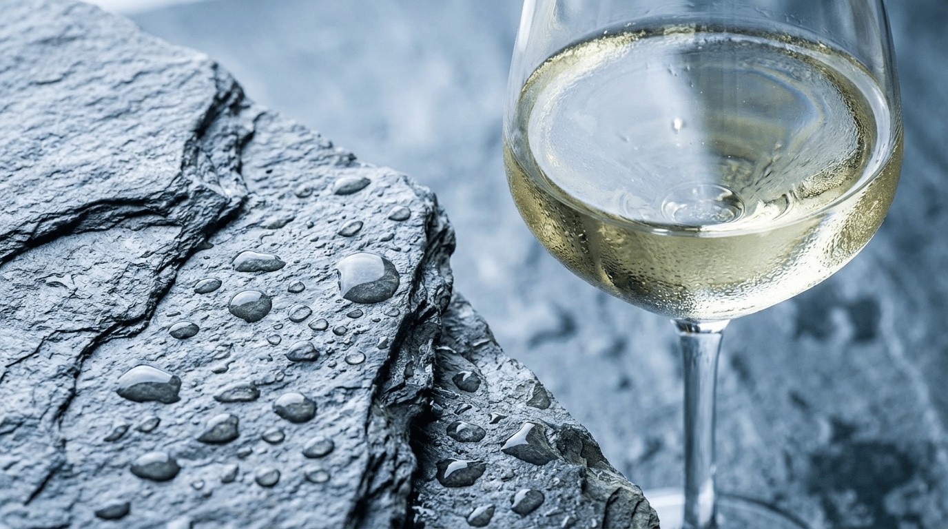 Weißwein-Glas auf nassem Schiefer — mineralische Inszenierung für kühle Weißweine wie Riesling