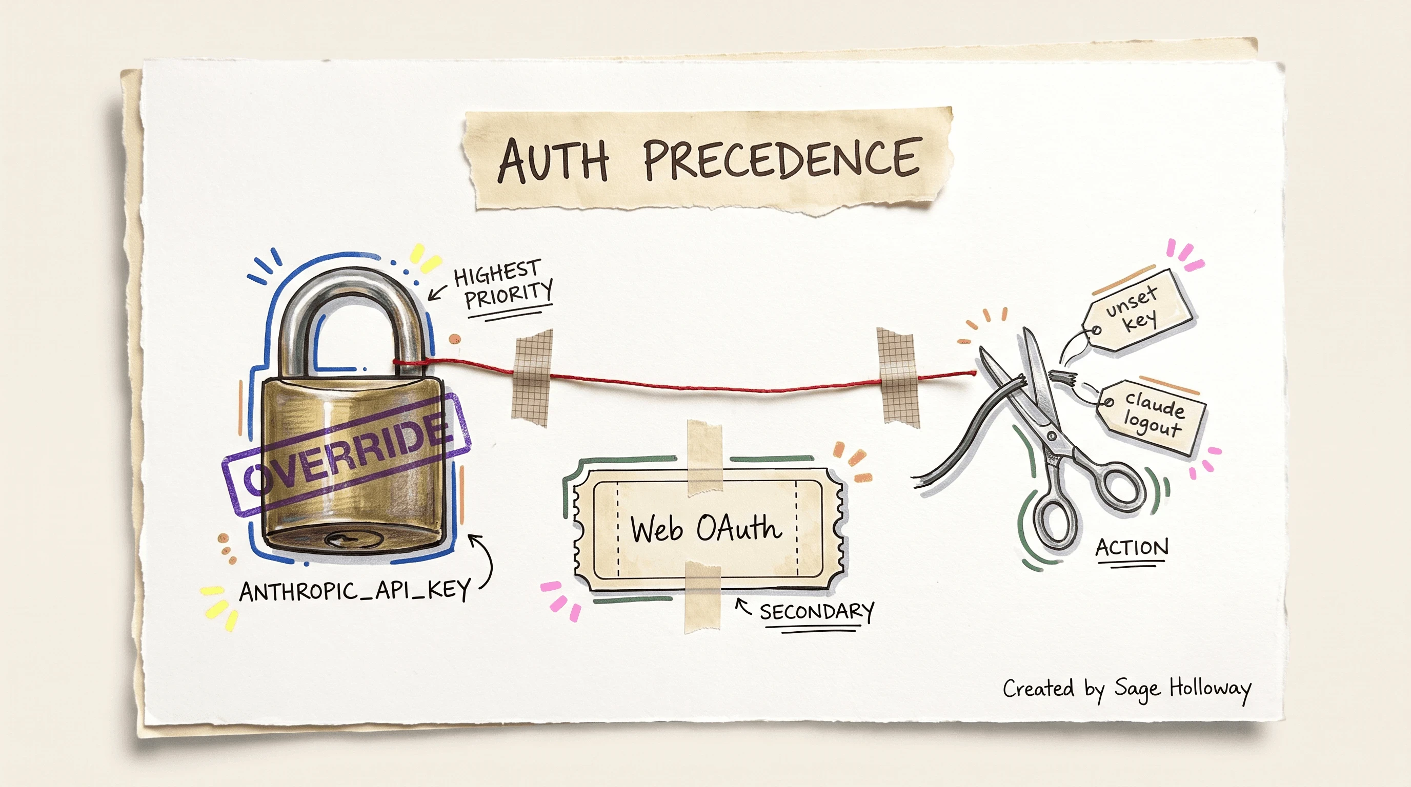 Scrapbook diagram of Claude Code authentication precedence showing ANTHROPIC_API_KEY overriding web OAuth and safe decoupling steps