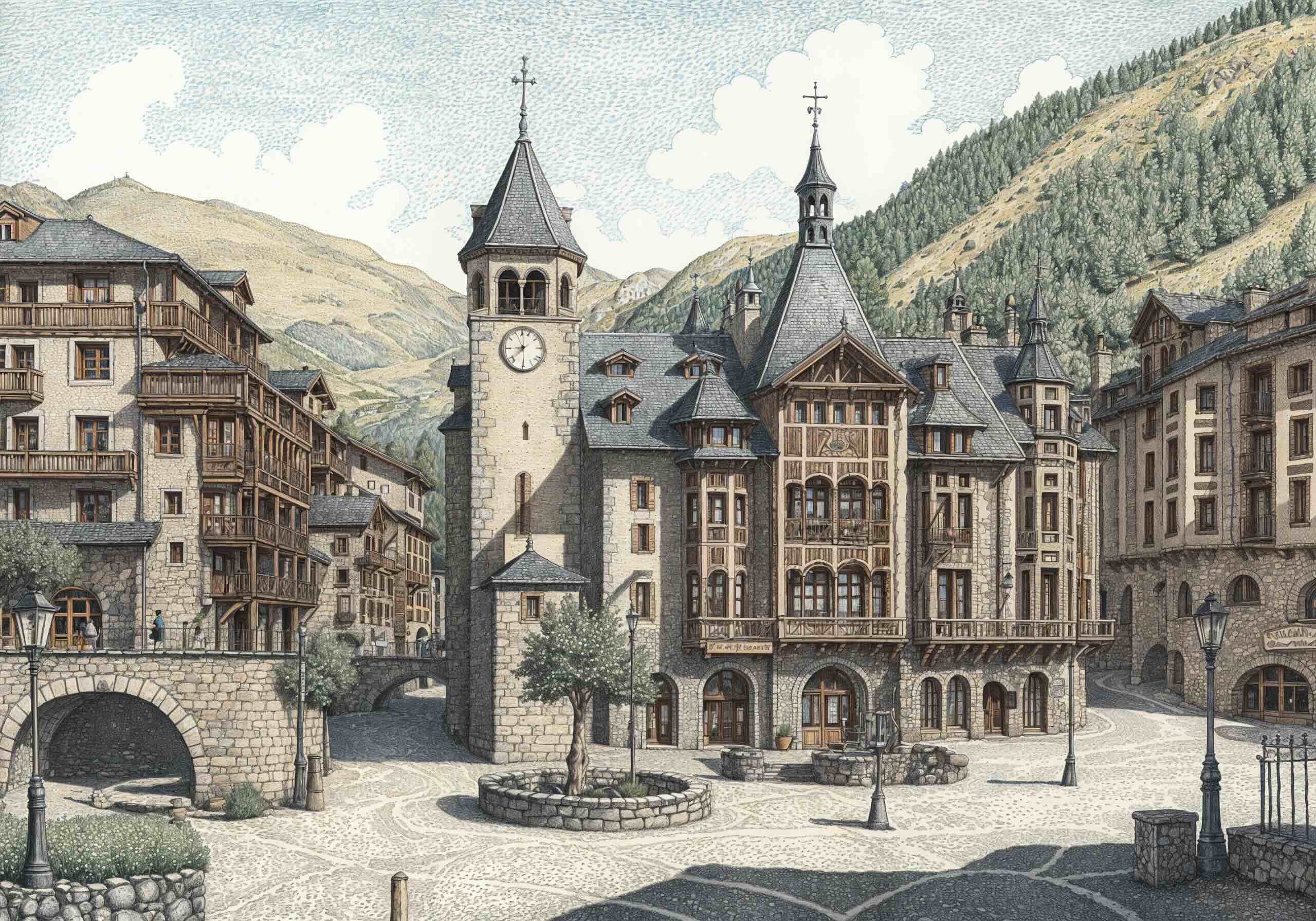 Detailed illustration of an Andorran mountain town featuring traditional stone buildings with wooden balconies, a clock tower at the centre, and dramatic alpine slopes rising in the background.
