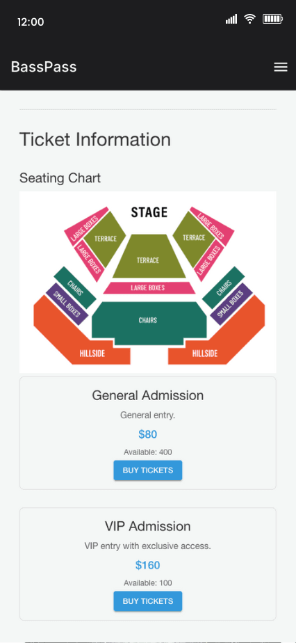 BassPass mobile app showing ticket availability and seating sections in a seating chart for EDM Festivals and raves