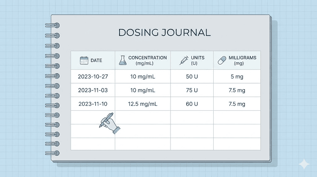 Tirzepatide dosing journal template for tracking units and milligrams