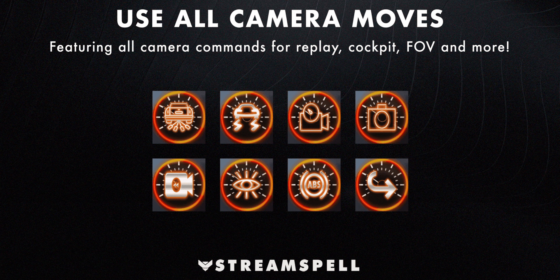 Camera commands include car focus, cockpit, bonnet, chase views and FOV adjustments — official product preview
