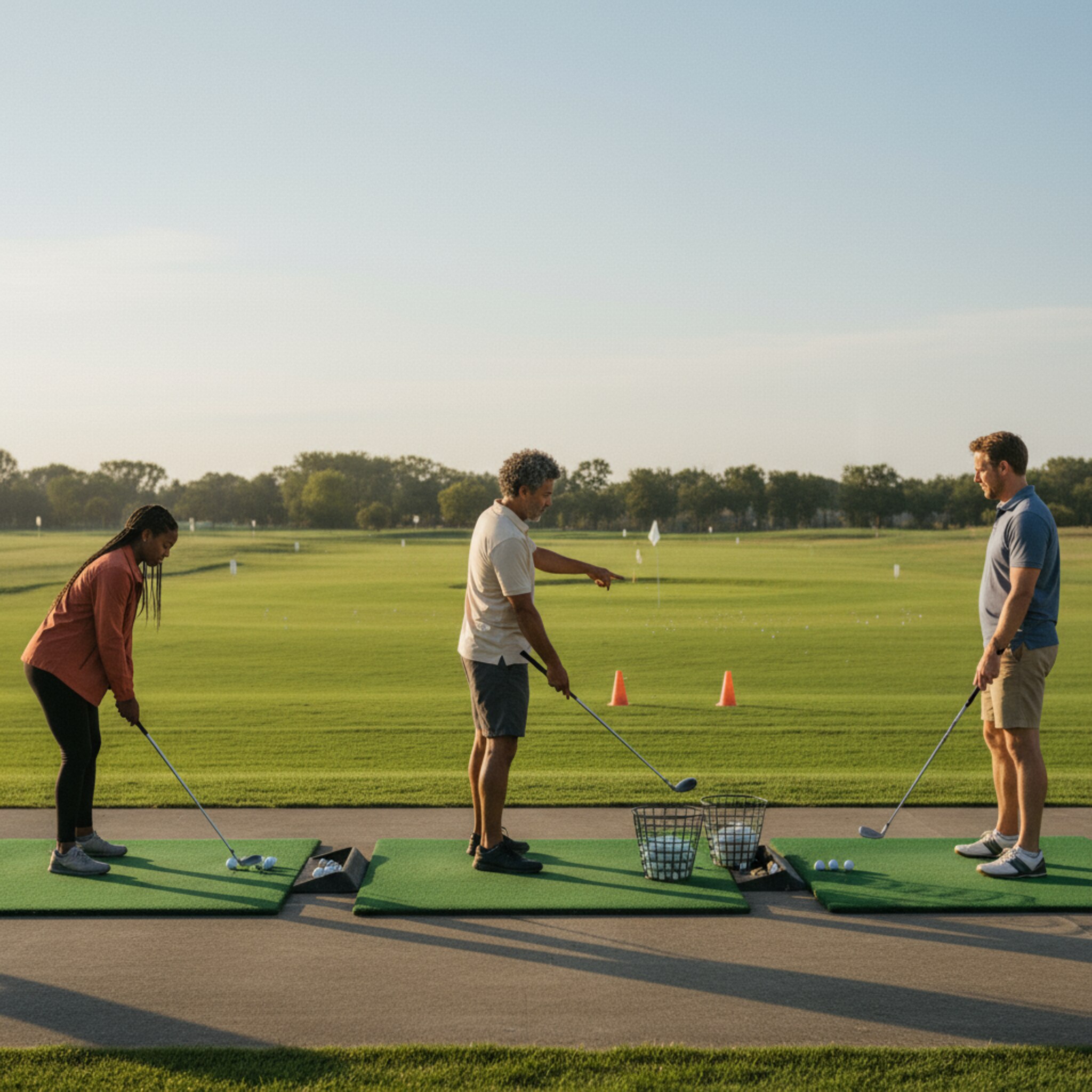 Eine kleine Gruppe steht auf drei benachbarten Bays, der Coach zeigt mit einem Schläger auf die Zielfahne. Zwei Hütchen markieren Abstände, ein Ballkorb ist halb leer. Leichte Schatten fallen über die Matten. Die Stimmung ist fokussiert und freundlich.