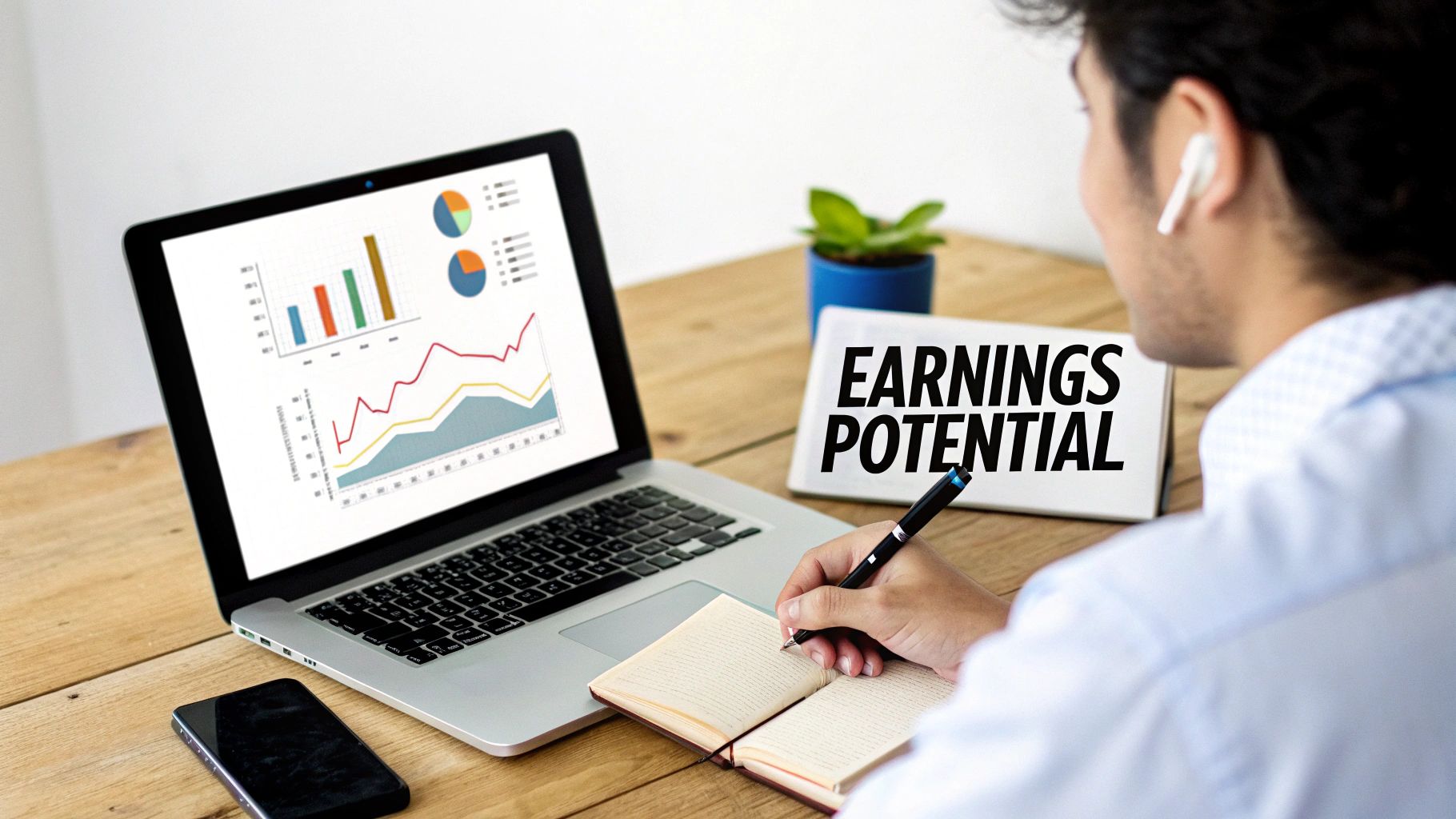 A person working on a laptop with charts and graphs in the background, representing dropshipping earnings analysis.