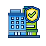 Icon of a blue and green building with a protective checkmark shield.