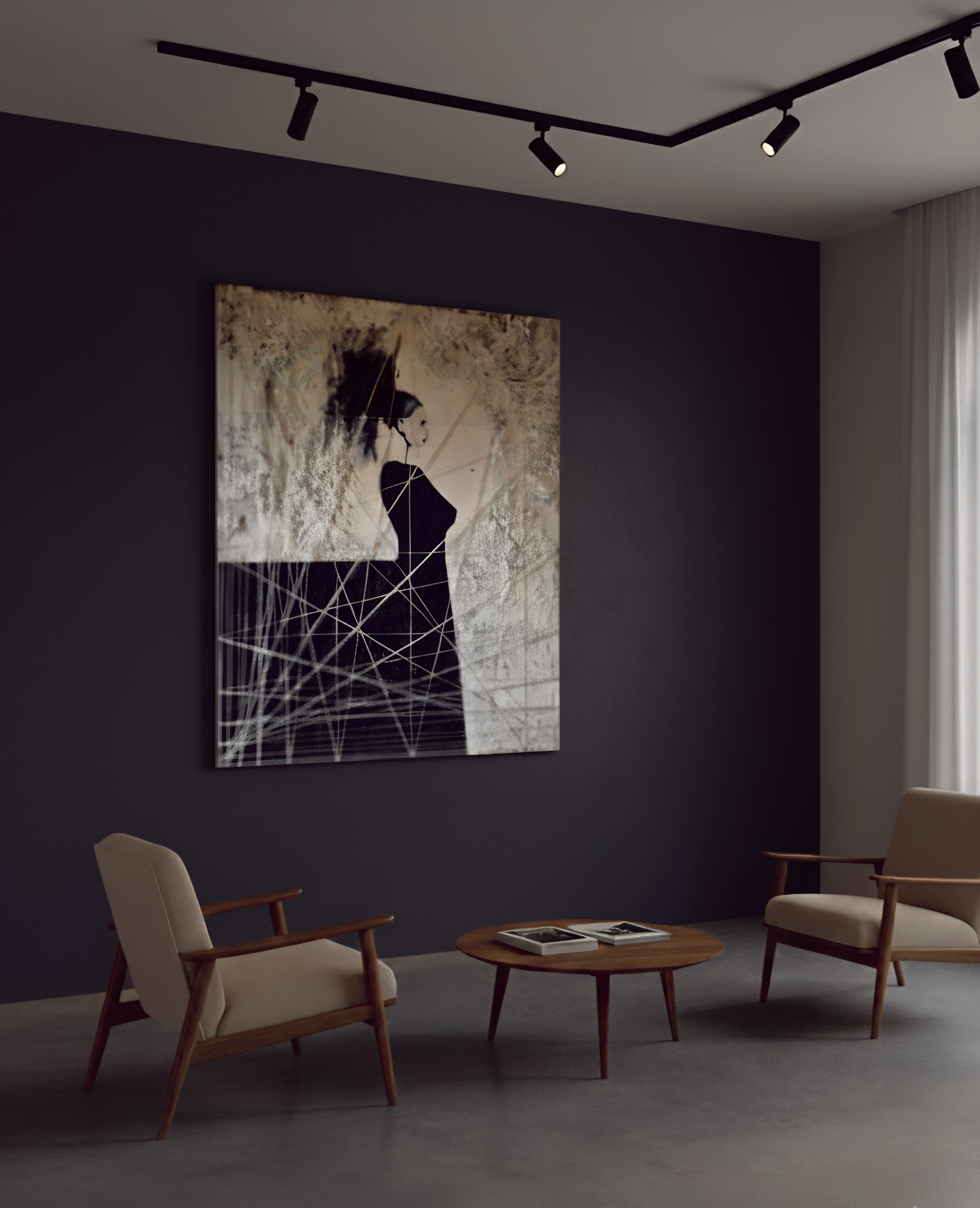 Contemporary interior space with abstract figurative painting on canvas, dark minimalist room with armchairs and artwork as focal point