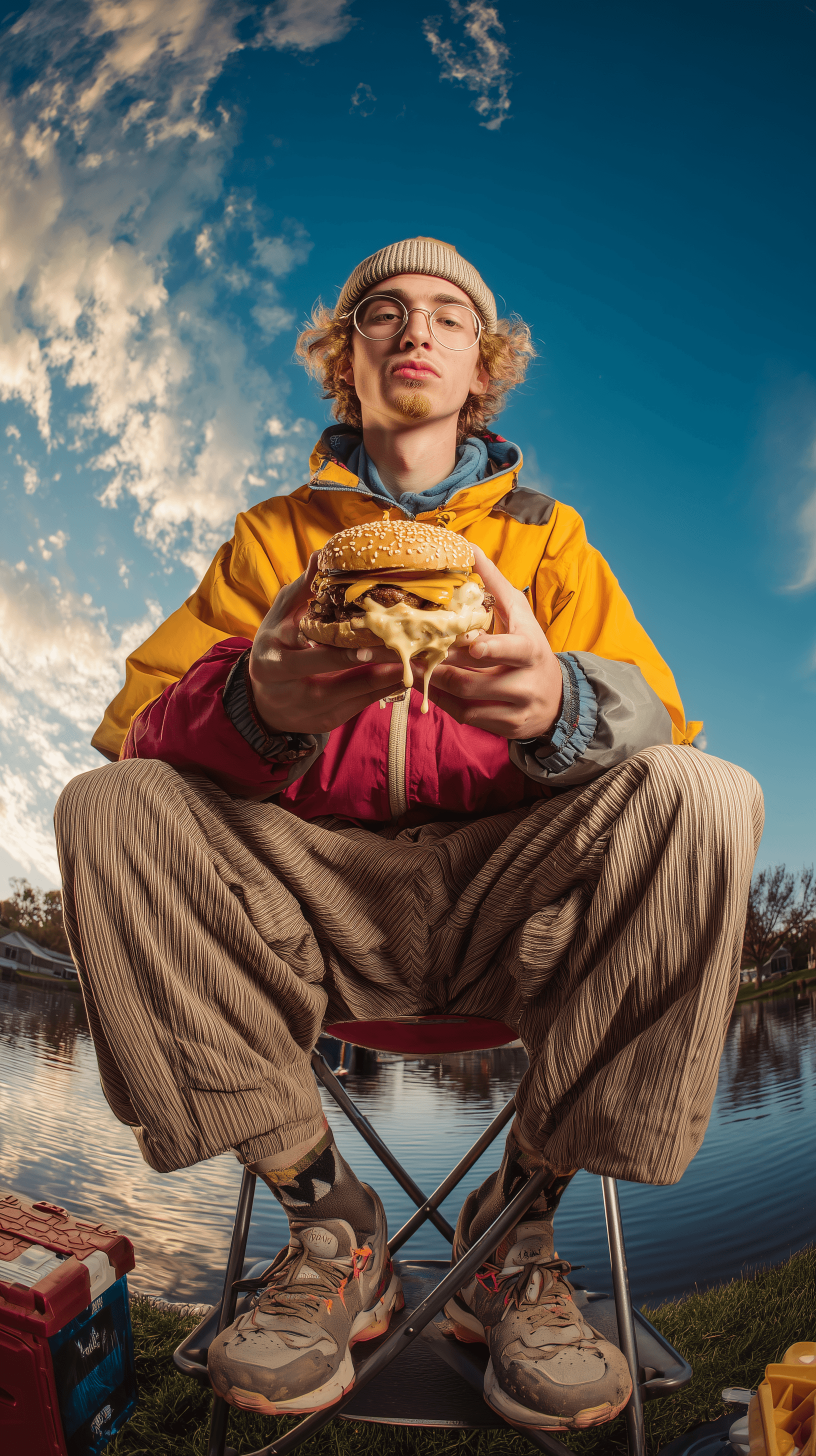 young boy standing on a chair holding a burger