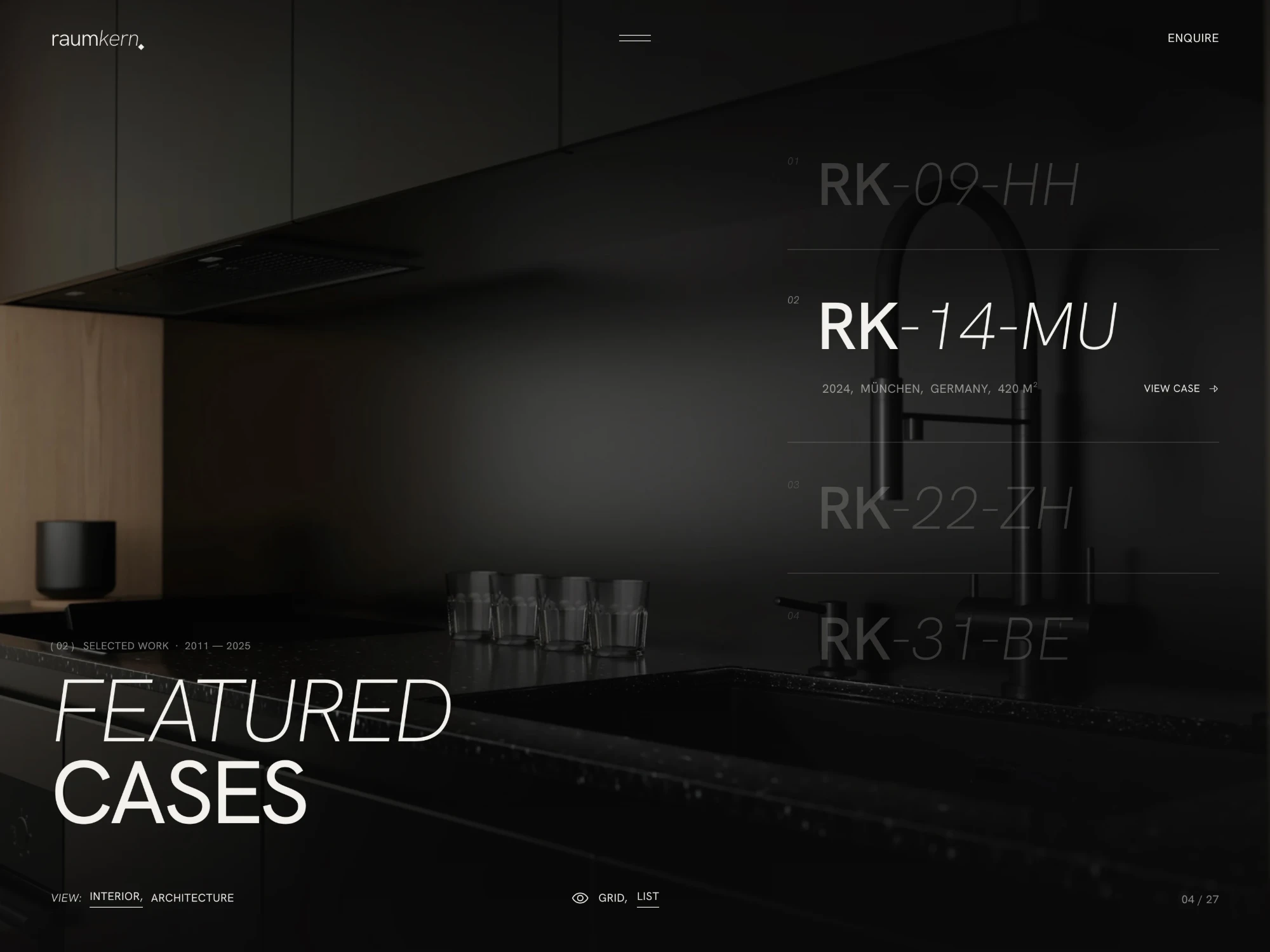 Raumkern — featured cases index with project codes.