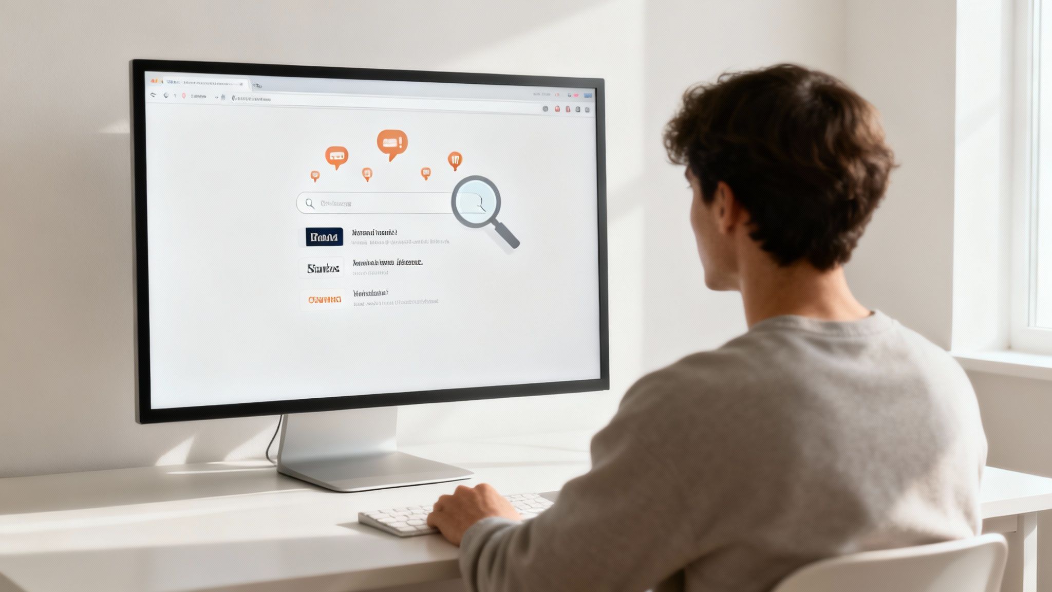 A manager reviewing brand mentions on a computer dashboard as part of their online reputation management strategy.