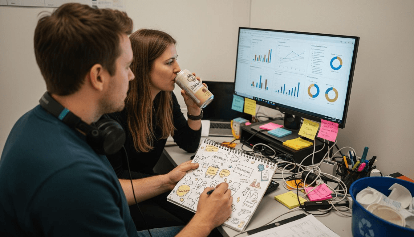 Zwei Kollegen sitzen am Schreibtisch und tauschen sich über die Performance der Social-Media-Inhalte aus.