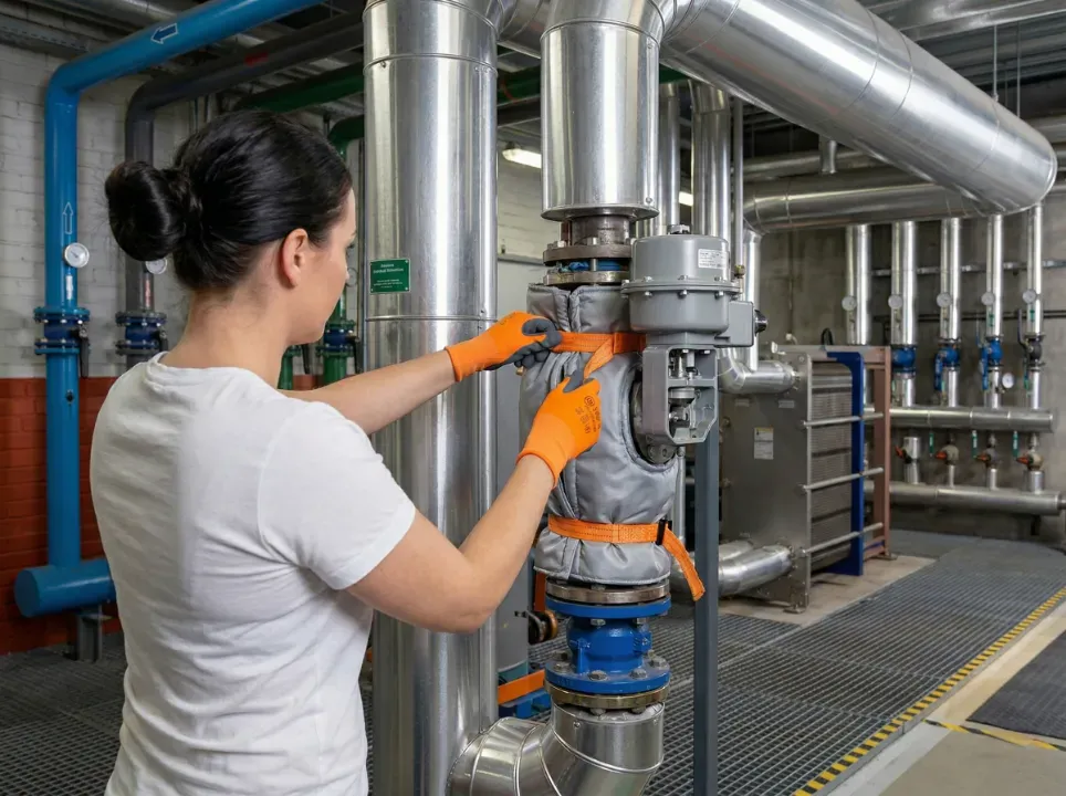 Technicienne fixant un matelas isolant gris avec des sangles orange sur une tuyauterie industrielle métallique.